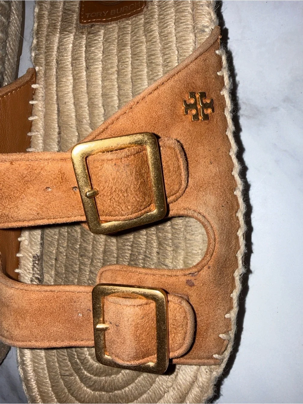 Tory Burch Tan Suede Double-Buckle Espadrille Slide Sandals
